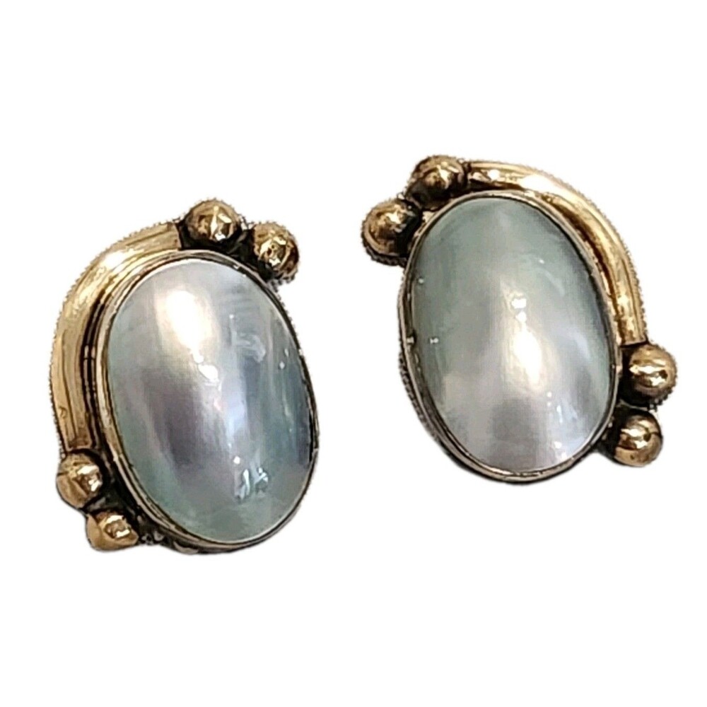 Vintage Amy Kahn Russell AKR Sterling Silver 18K Gold MOP Clip Earrings Signed